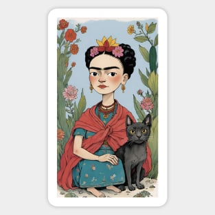 Frida and Her Feline Friend: Cartoon Illustration Sticker